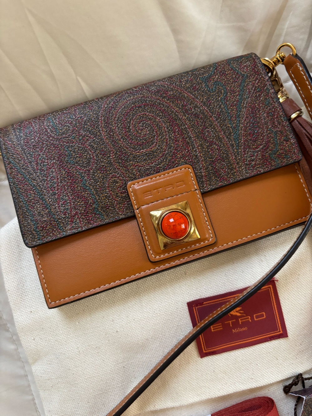 Etro Milano Paisley Crossbody Tan Leather Red Stone Gold Matching Earrings Boho - Picture 6 of 17
